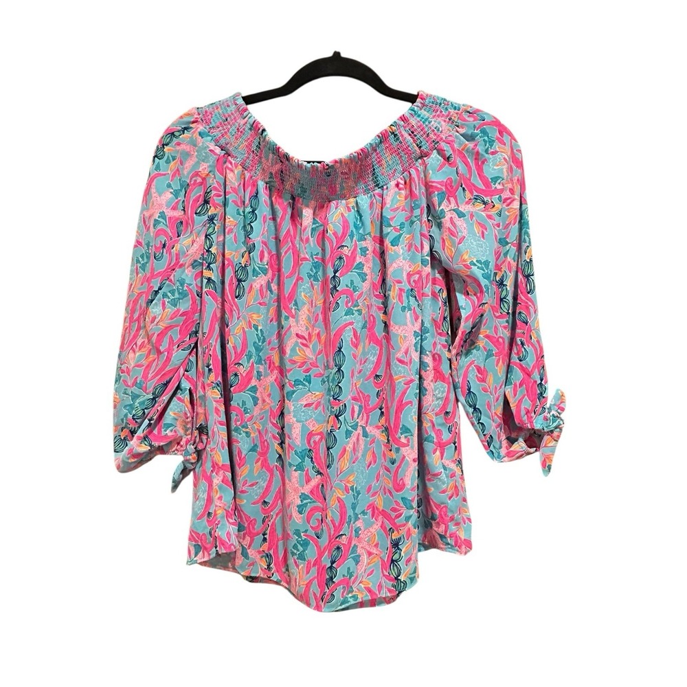 Lilly Pulitzer Maryellen Top Off the Shoulder Top Shirt Blouse Blue Pink Size XS